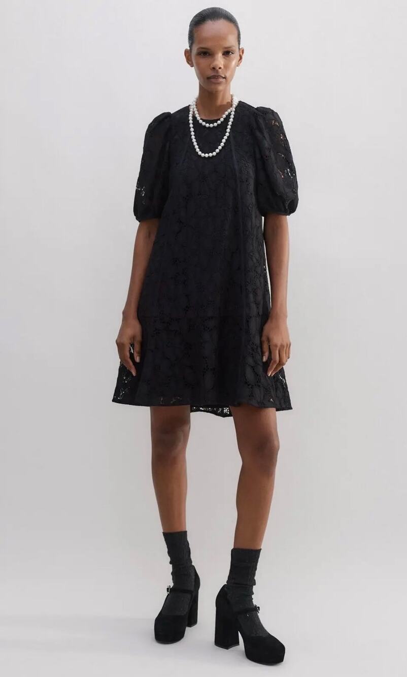 ME+EM Black Lace Puff Sleeve Mini Dress